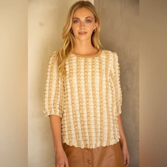 VOY puff textured blouse in beige tan cream short sleeve Large fun unique new - Picture 2 of 14